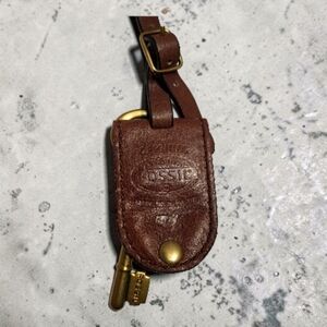 Fossil Brown Leather Hangtag Luggage Tag Key Holder with Brass Accents